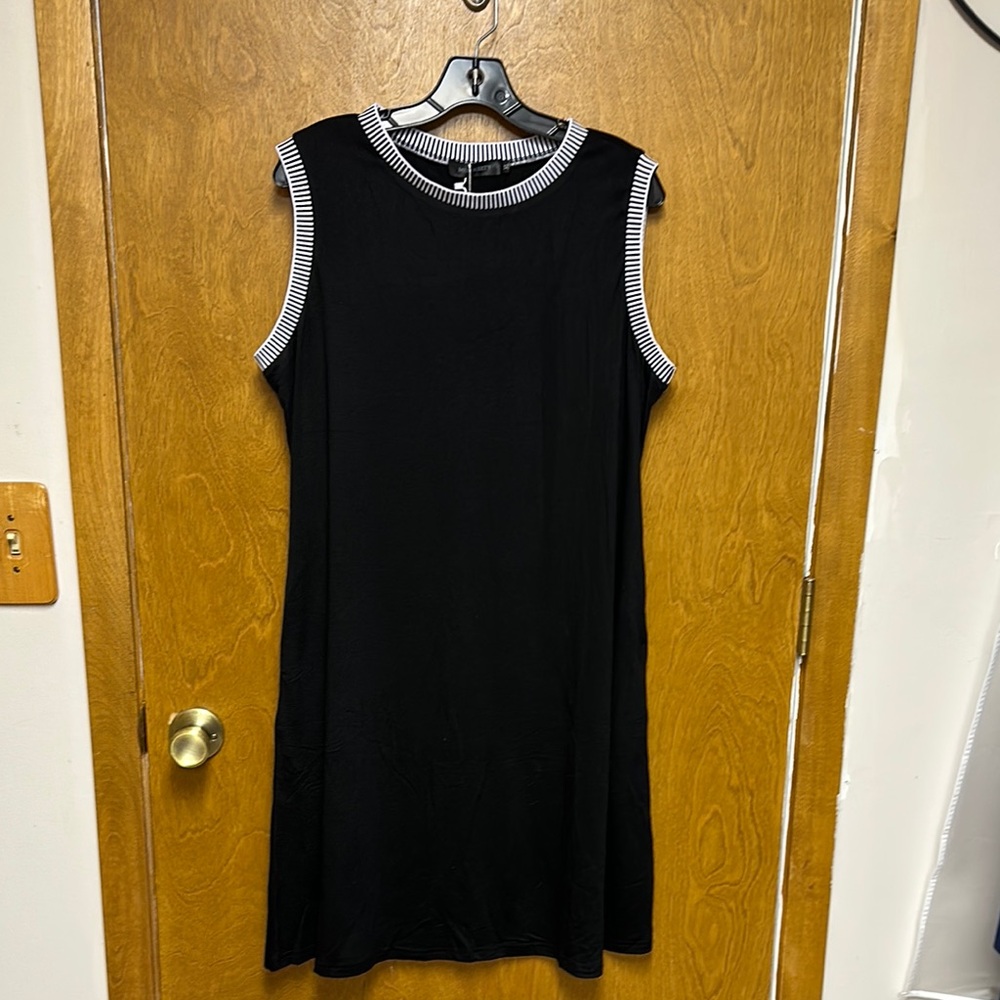 Black and White Sleeveless Dress with Striped Trim. (Bin 11)